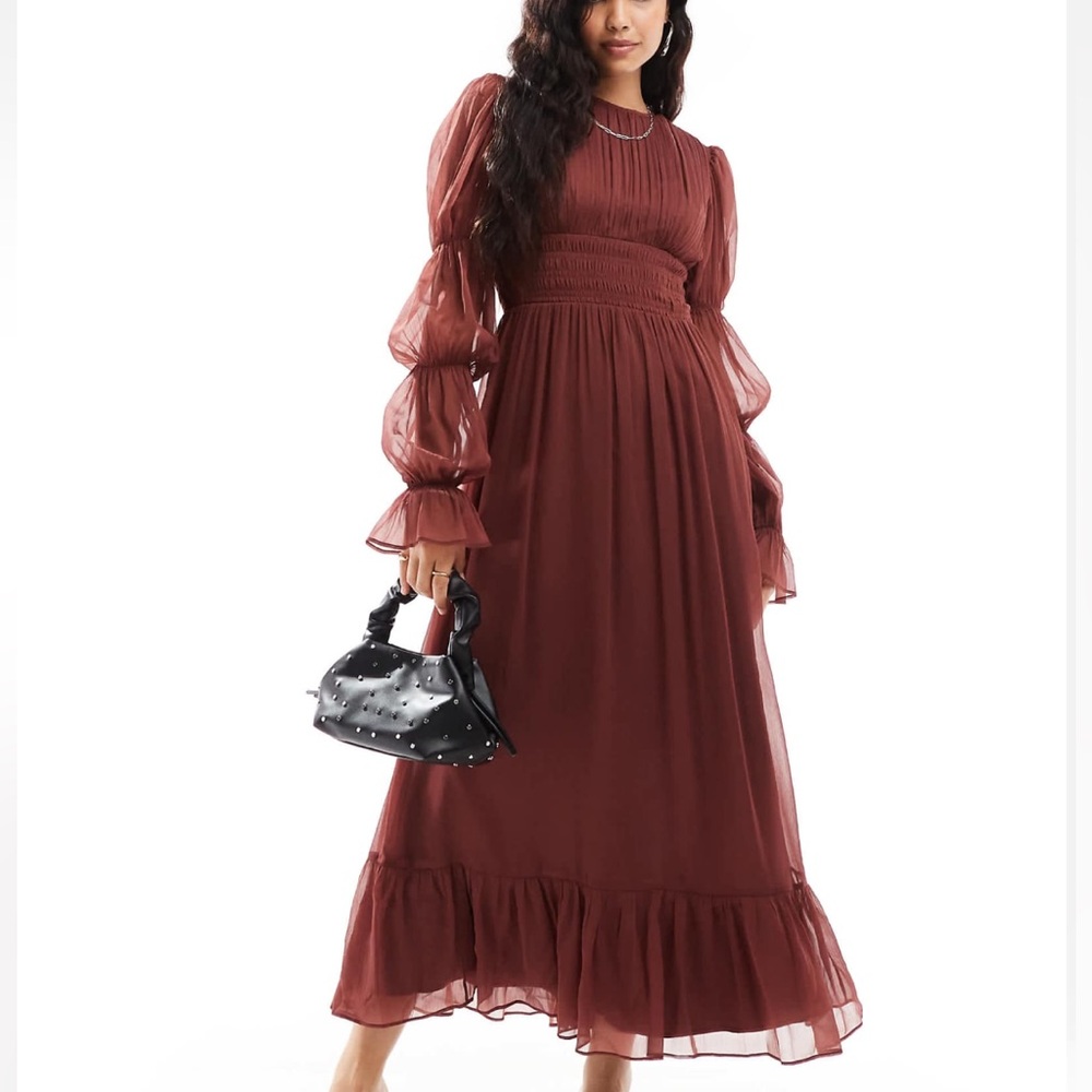 NWT ASOS DESIGN Blouson Long Sleeve Burgundy Modest MAXI DRESS in Size US 6